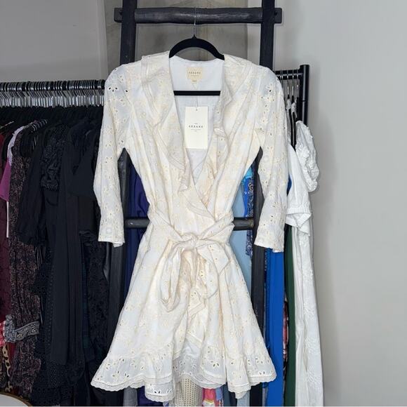 Sézane Asianne Ecru Eyelet Wrap Mini Dress - Picture 6 of 15